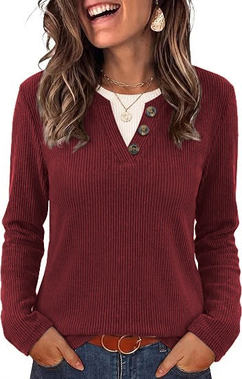 Women's Boutique Ribbed Henley Top with Contrast Neck Insert