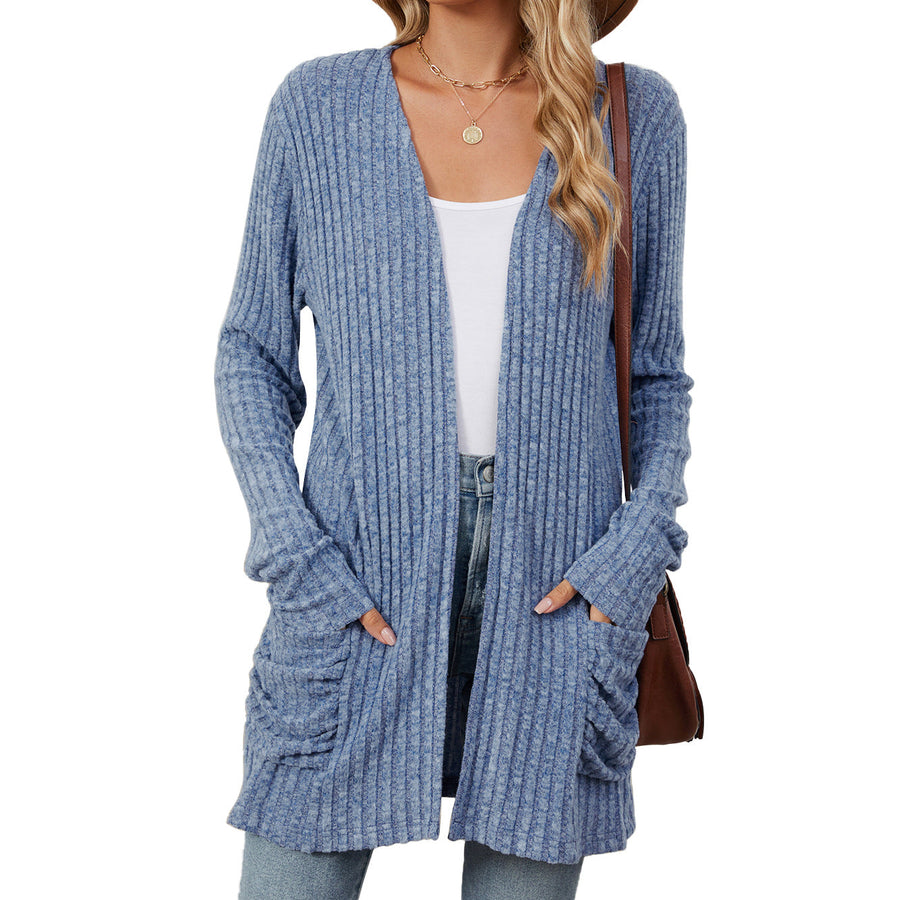 Solid Color Pocket Long-Sleeve Knitted Cardigan