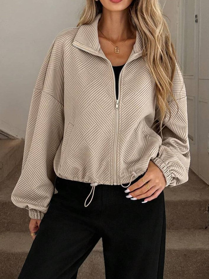 Minimalist Textured Zip Front Drawstring Hem Everyday Jacket