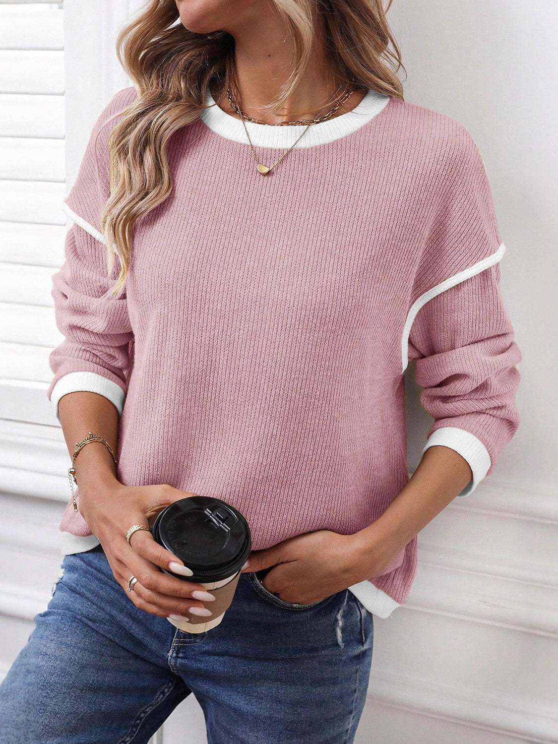 Boutique Contrast Seam Long Sleeve Relaxed Minimalist Top