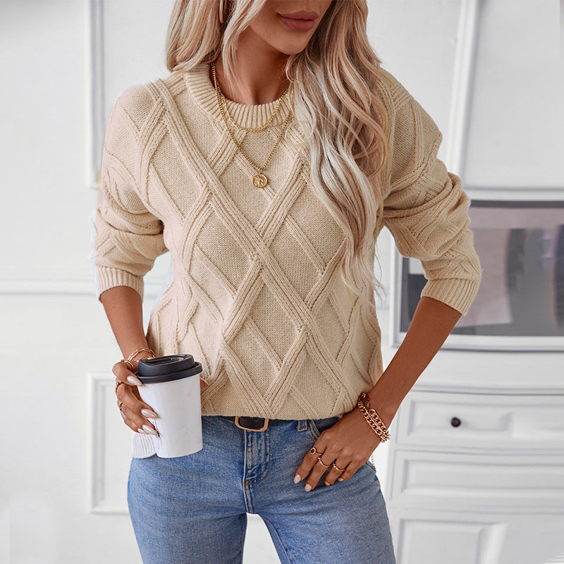 Loose Round Neck Diamond Knit Pullover Sweater