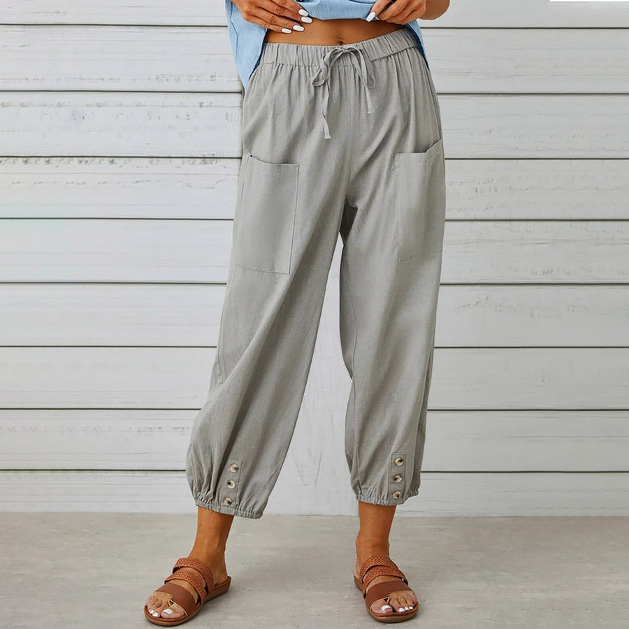 Loose High-Waist Buttoned Cotton Linen Wide-Leg Pants