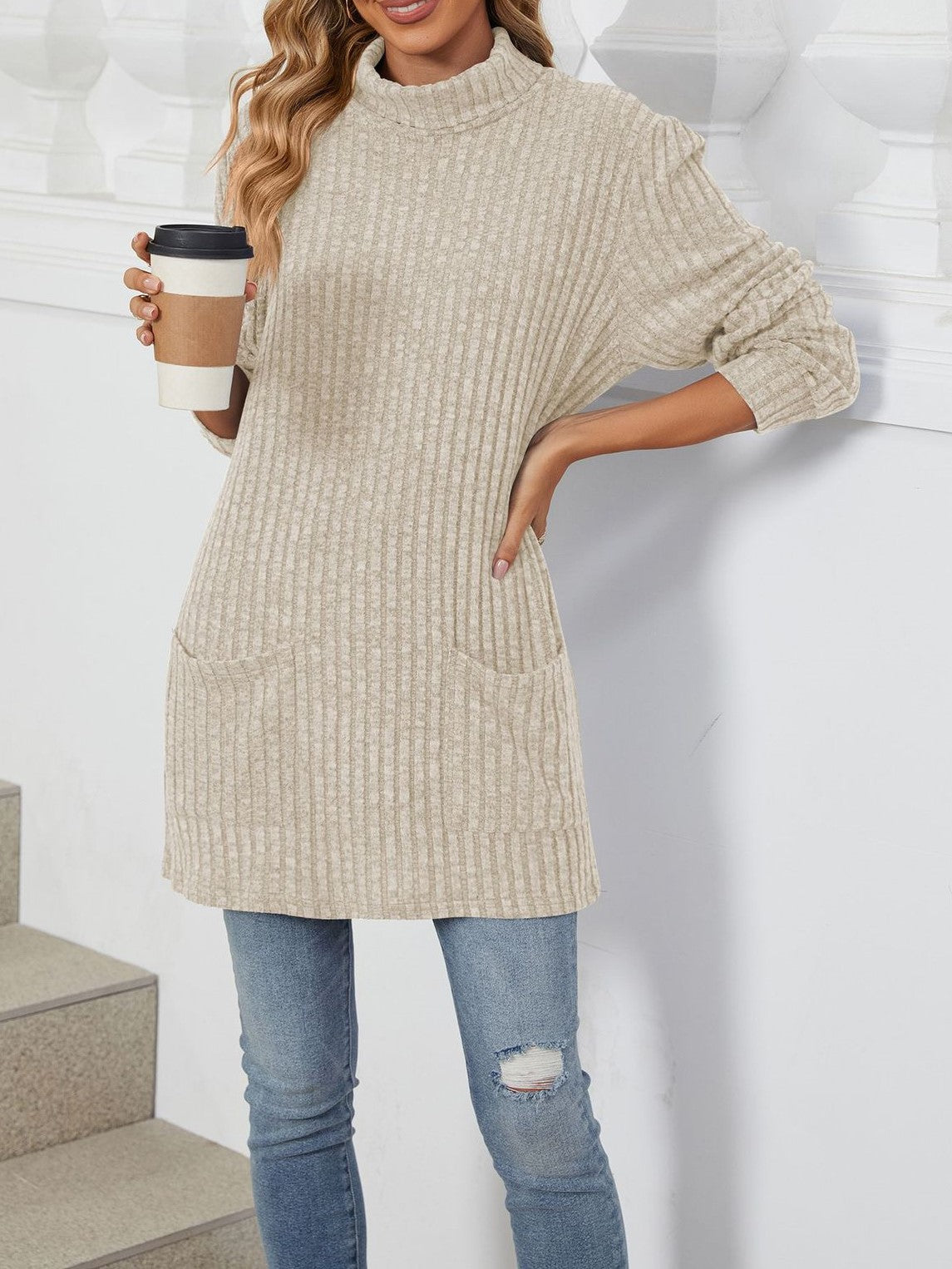 Minimalist Ribbed Mock Neck Pocket Tunic