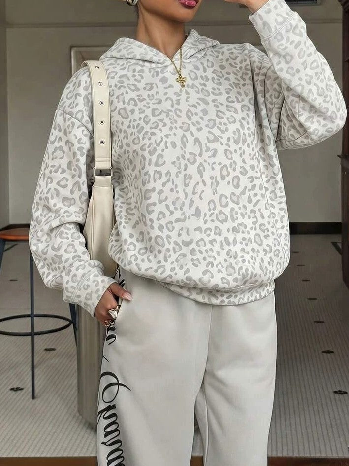 Elevated Leopard Print Relaxed Long Sleeve Pullover Hoodie