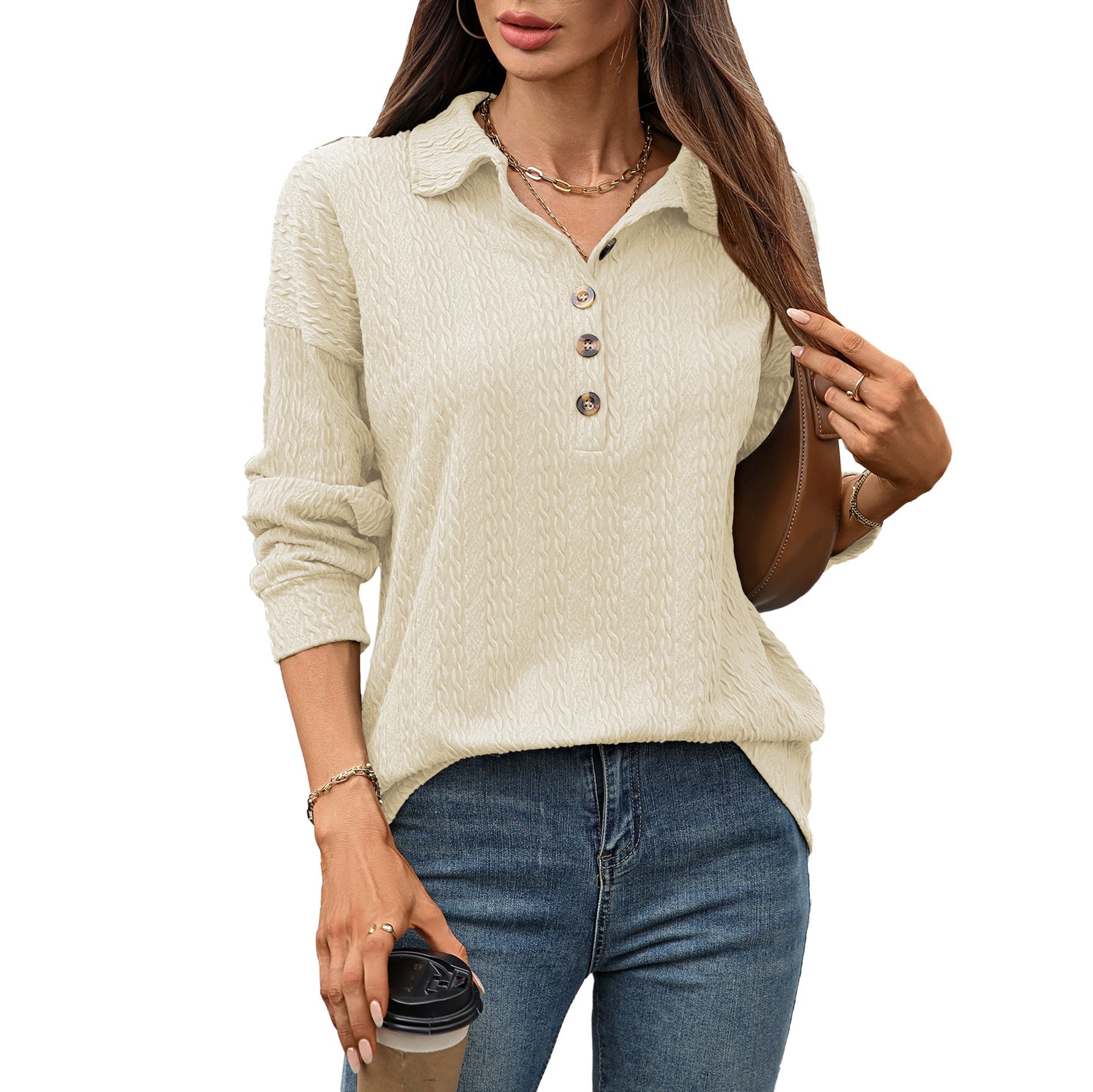 Women's Boutique Textured Button Collar Long Sleeve Knit Top