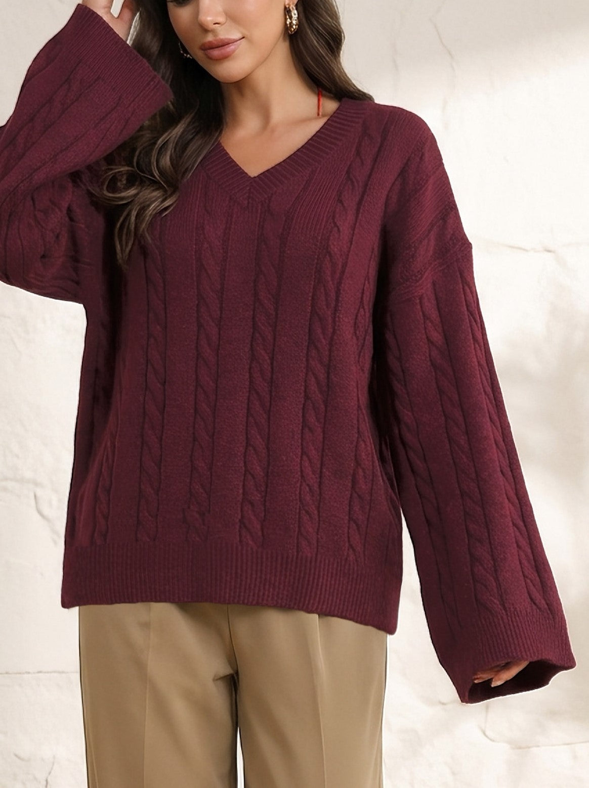 Women's V-Neck Cable Knit Sweater, Burgundy Relaxed Fit Pullover with Long Wide Sleeves