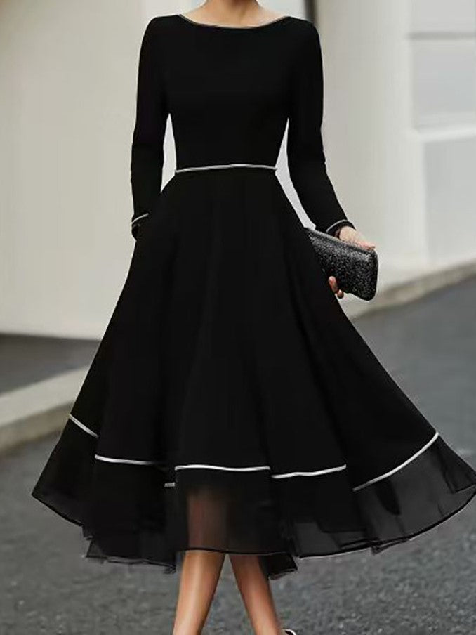 Contrast Trim Sheer Hem Long Sleeve Fit and Flare Midi Dress