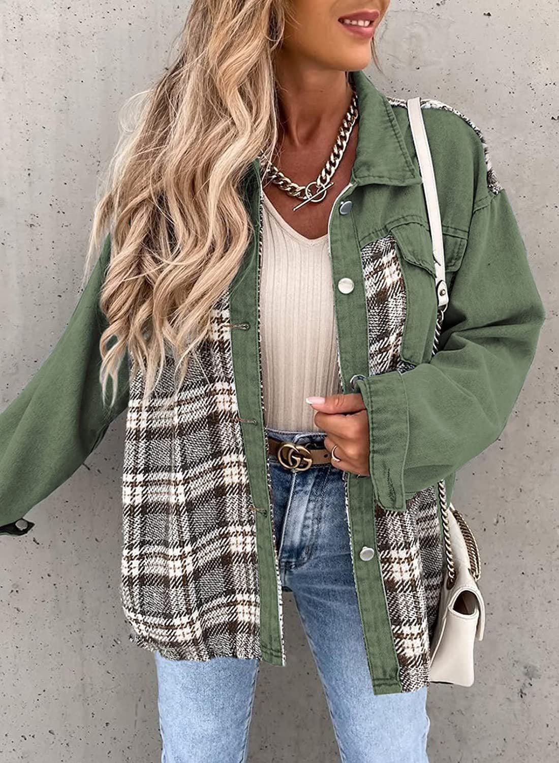 Women's Plaid Panel Button Front Long Sleeve Shirt Jacket