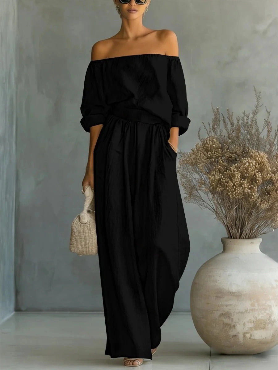 Off Shoulder Top and Wide Leg Pants Two Piece Set for Ladies