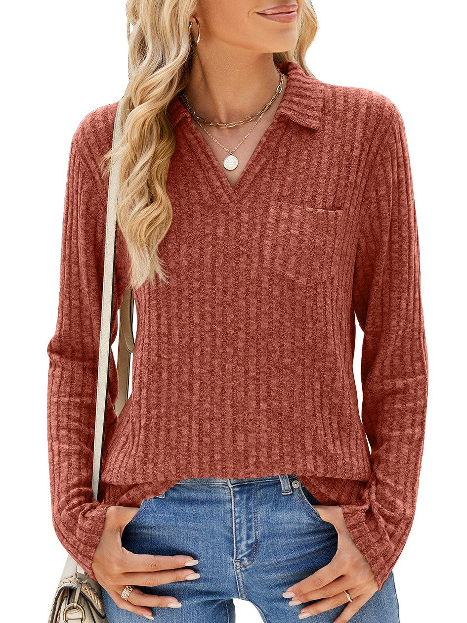 Women's Ribbed Collared V-Neck Long Sleeve Sweater