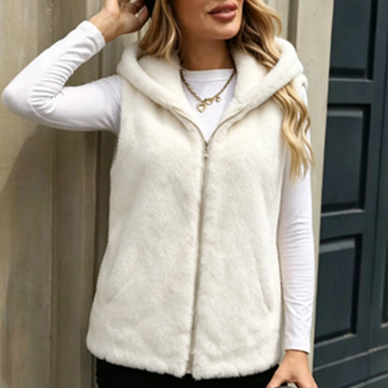 Minimalist White Hooded Faux Fur Vest Zip Front with Pockets