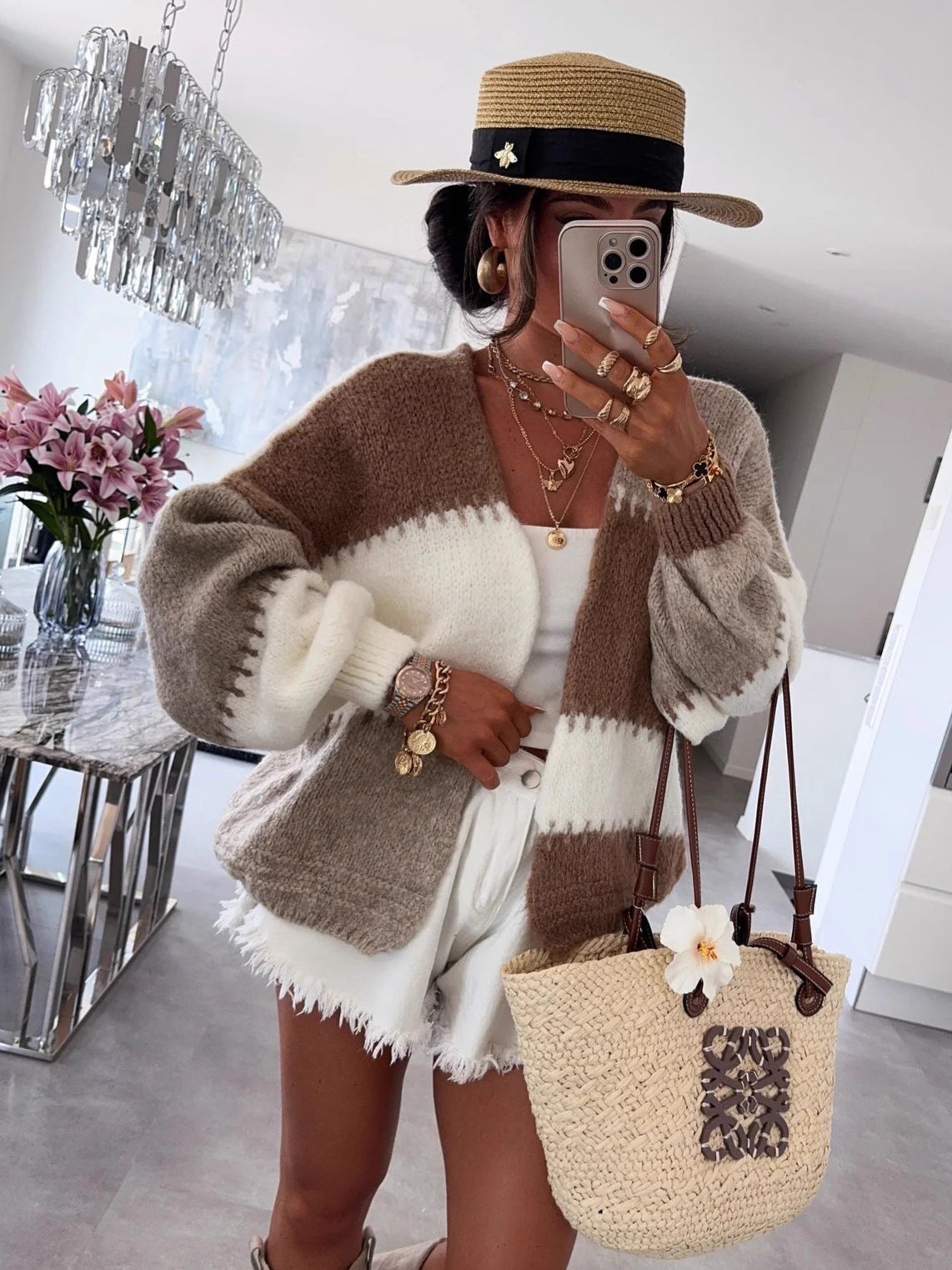Boutique Neutral Color Block Open Front Cardigan