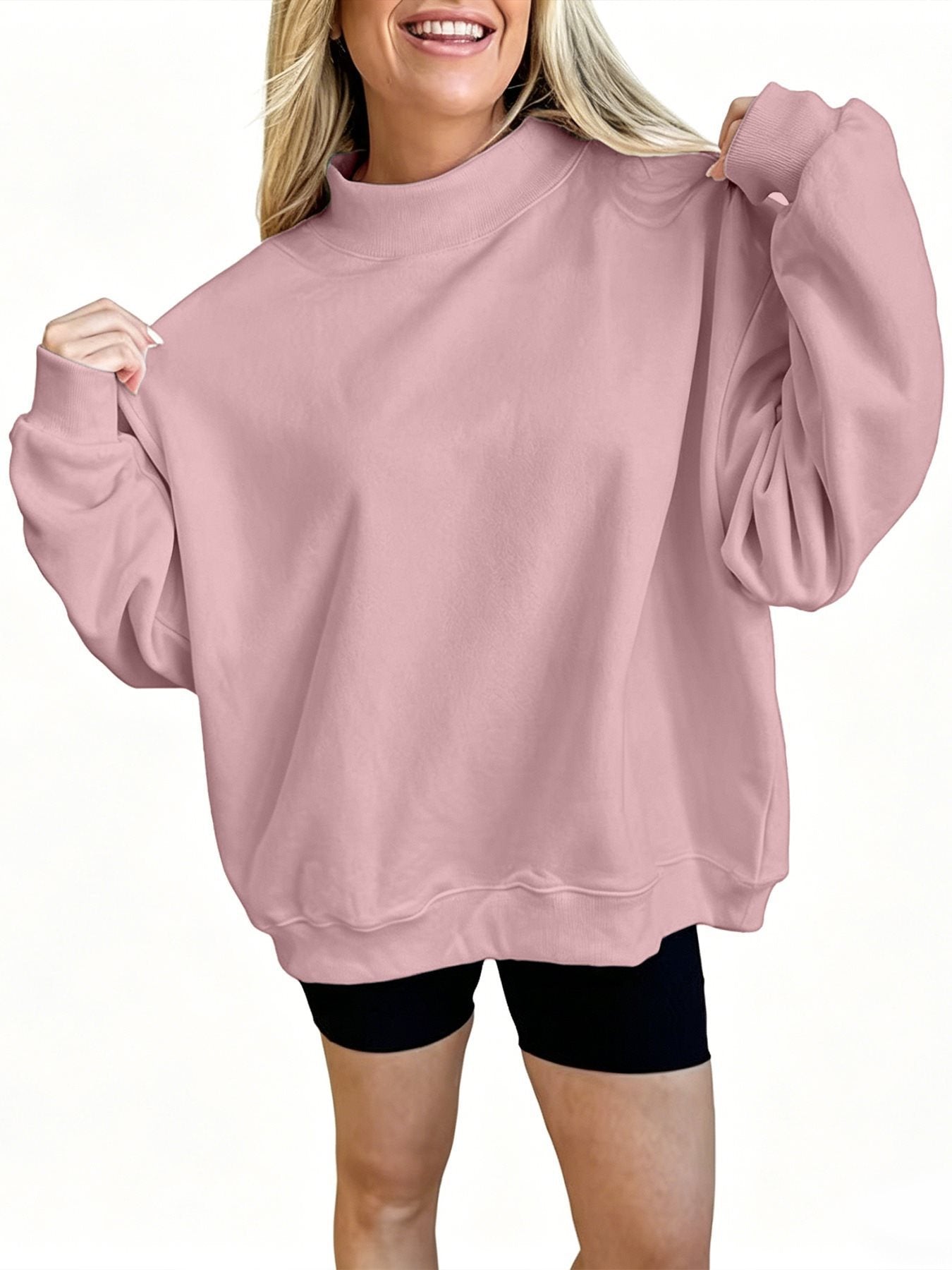 Women’s Oversized Mock Neck Sweatshirt – Poly-Cotton Long Sleeve Pullover Tops