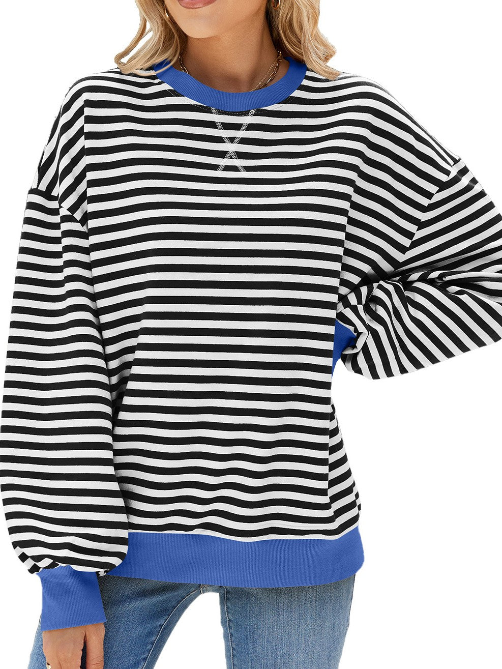 Boutique Striped Crewneck Contrast Trim Top