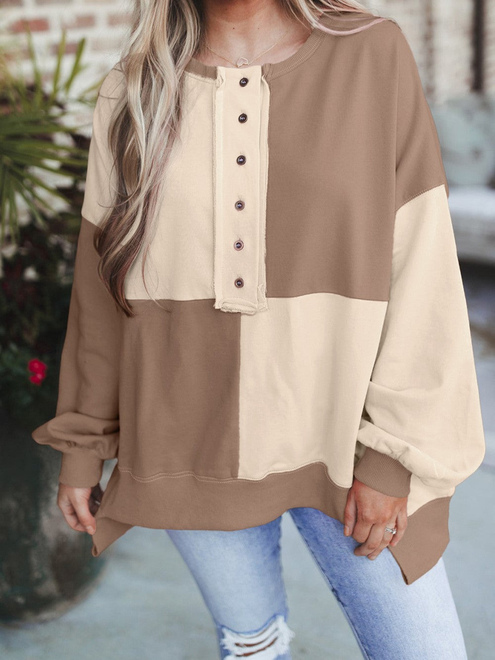 Boutique Color Block Henley Relaxed Long Sleeve Sweatshirt