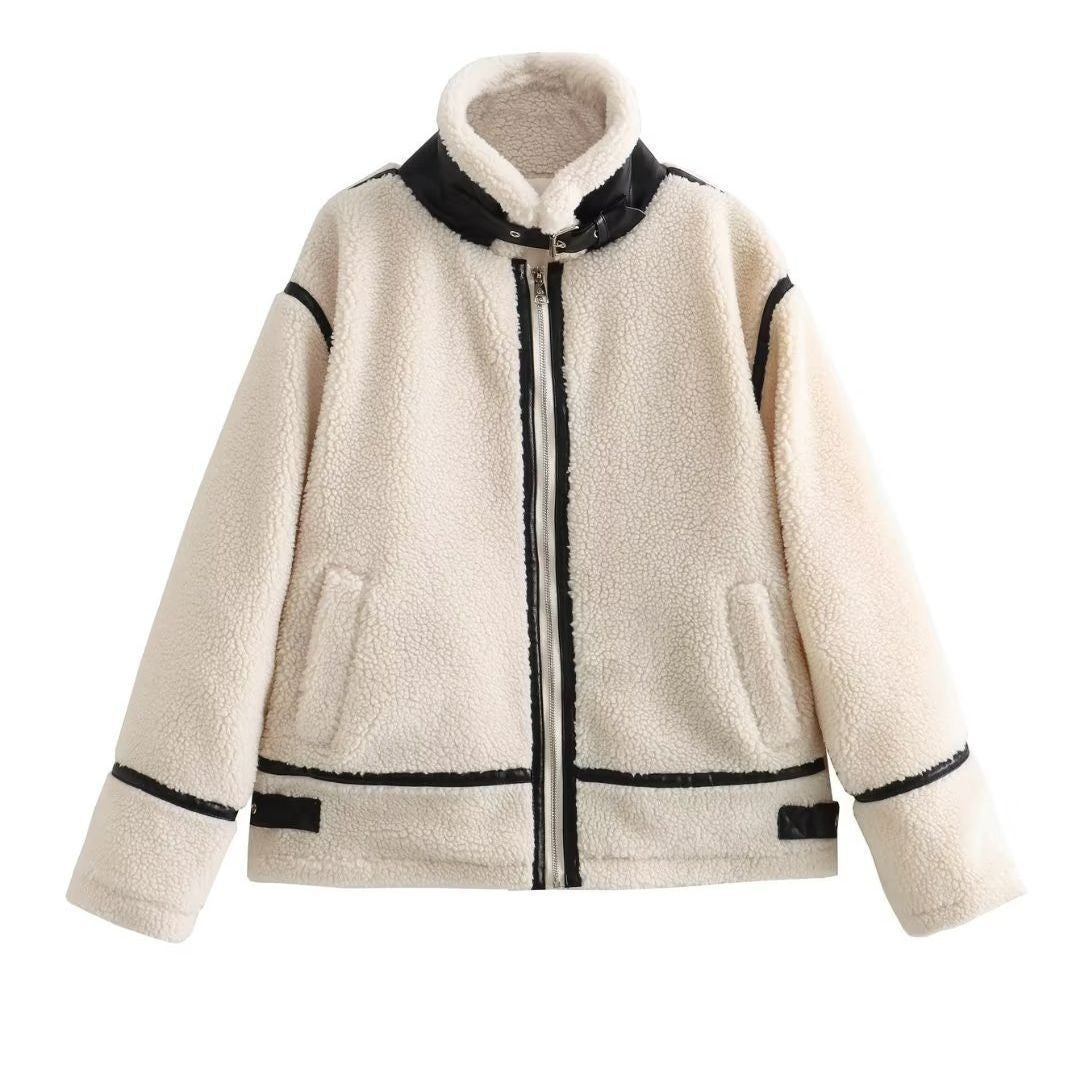 Women's Contrast Trim Teddy Fleece Zip-Front Aviator Jacket