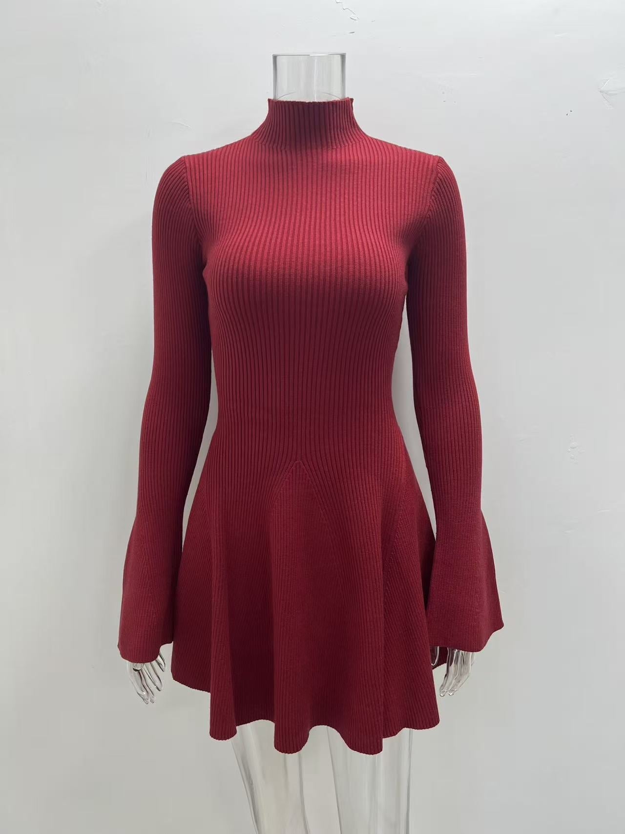 Elegant Mock Neck Bell Sleeve Knit Mini Dress