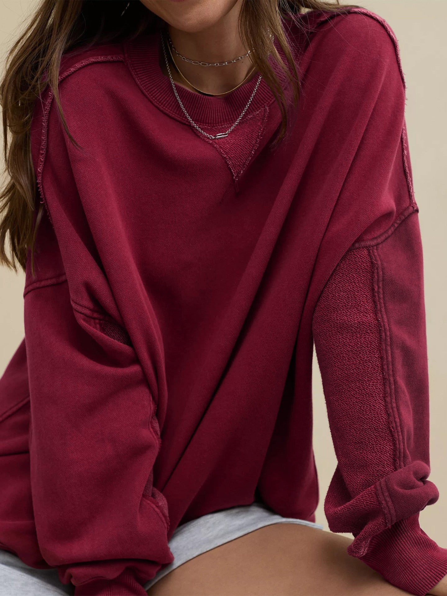 Women’s Oversized Crew Neck Sweatshirt – Exposed Seam Long Sleeve Pullover Tops for Women