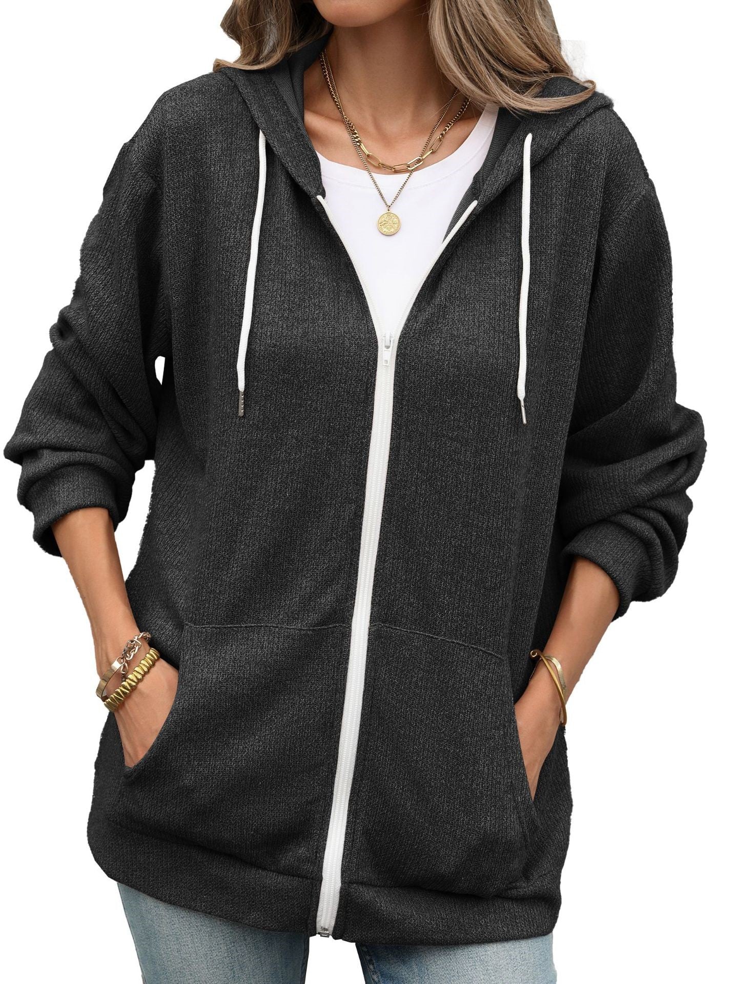 Women's Minimalist Full Zip Hooded Knit Jacket with Pockets