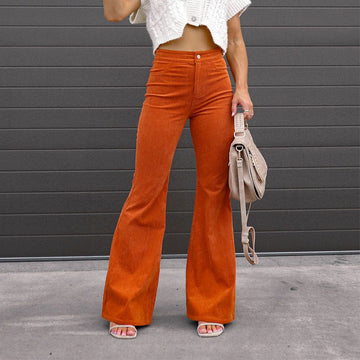 Solid Color Slim Mid-Waist Corduroy Flare Pants