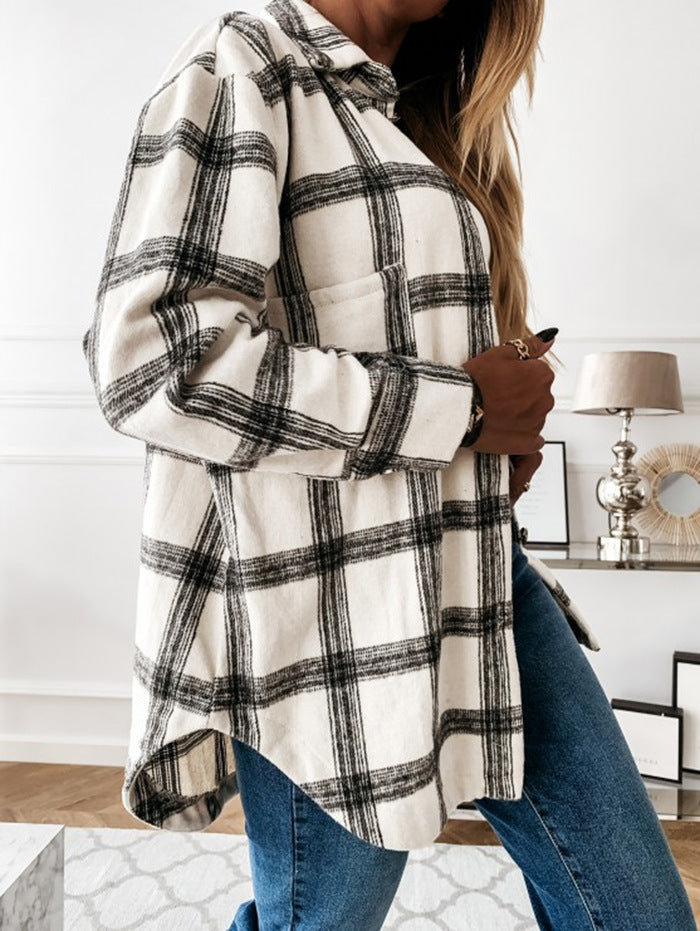 Women's White Plaid Button Front Long Sleeve Oversized Shirt