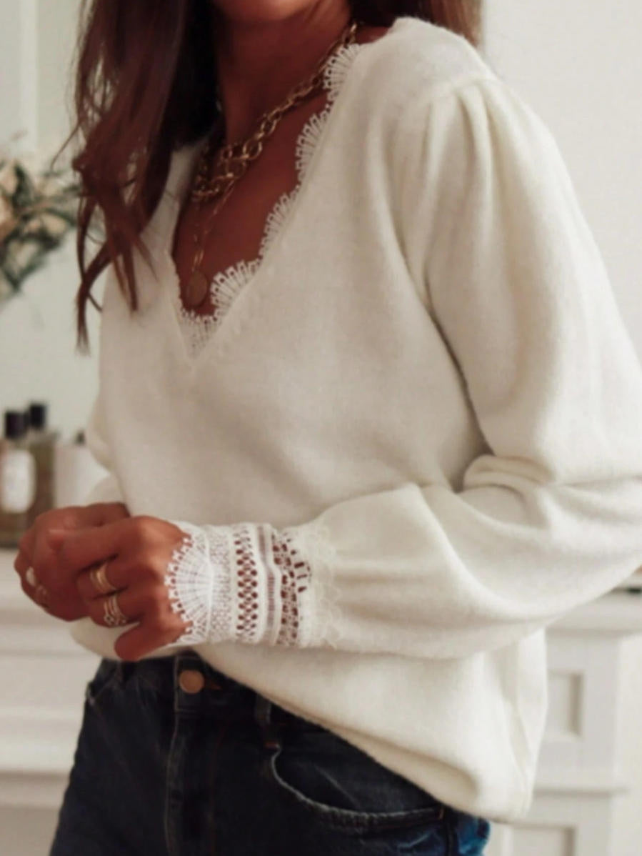 Boutique Lace Trim V Neck Long Sleeve Sweater