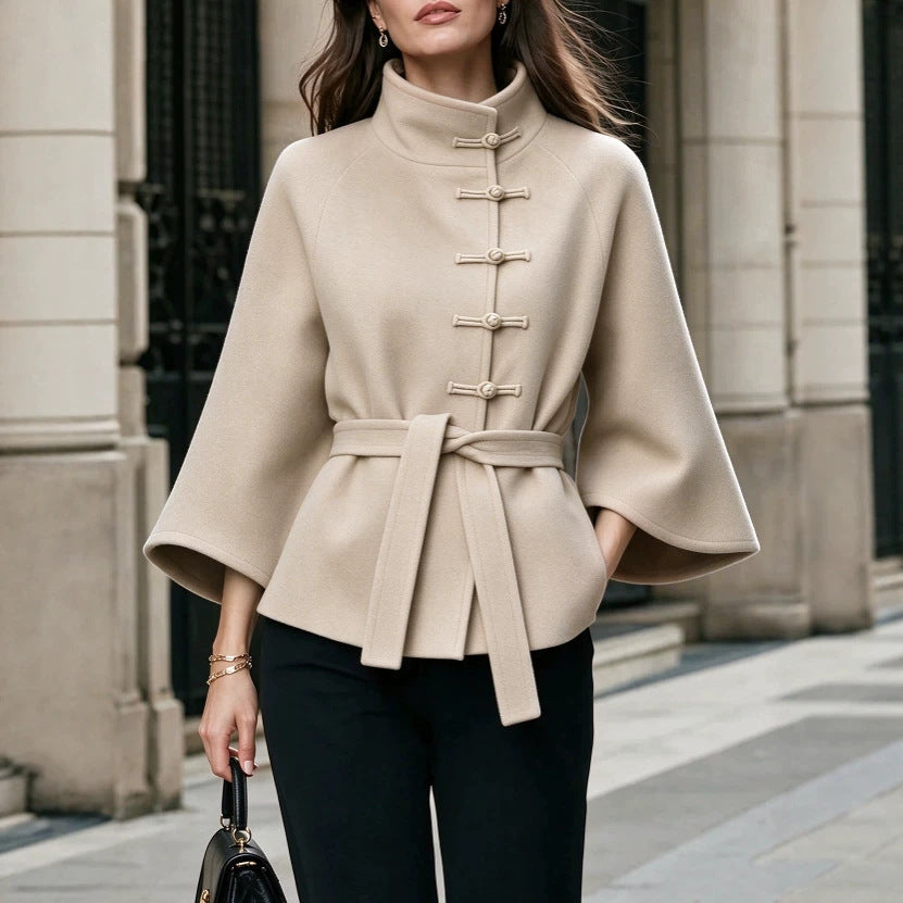 Women's Belted Stand Collar Cape Jacket with Frog Buttons