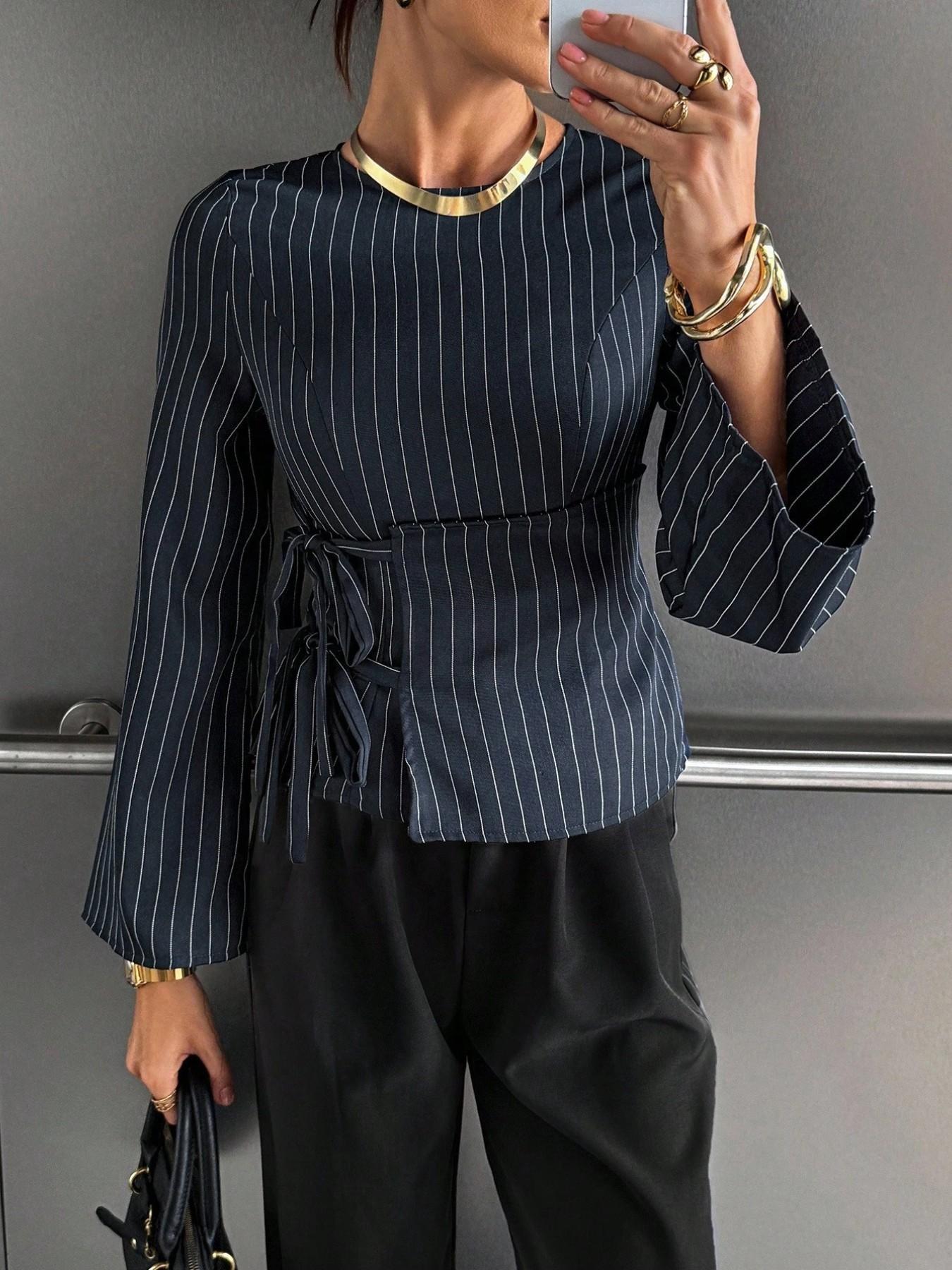Elevated Pinstripe Tie Waist Long Sleeve Blouse