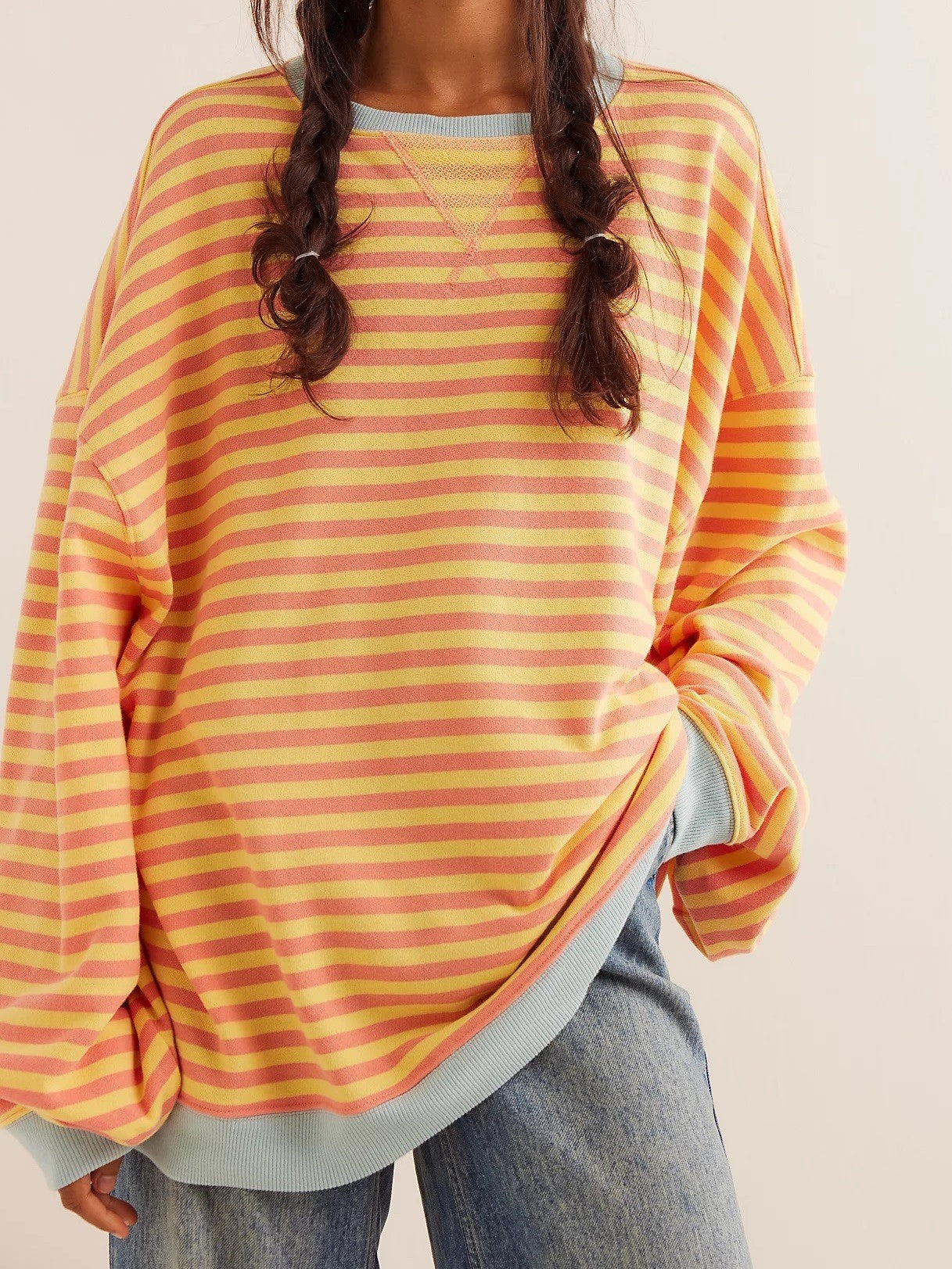Women's Oversized Striped Crew Neck Cotton-Blend Sweatshirt