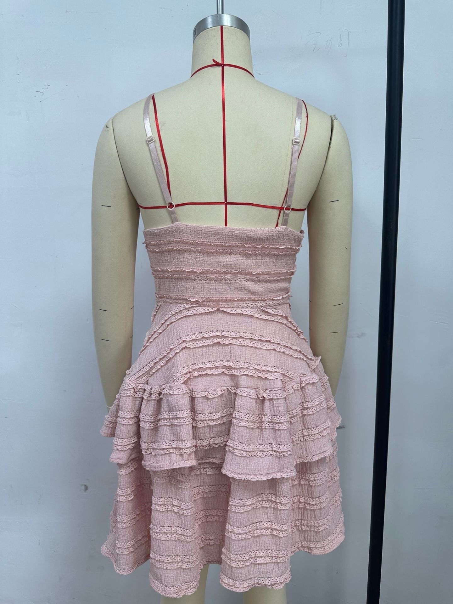 Solid Ruffle Lace Spaghetti Strap Dress