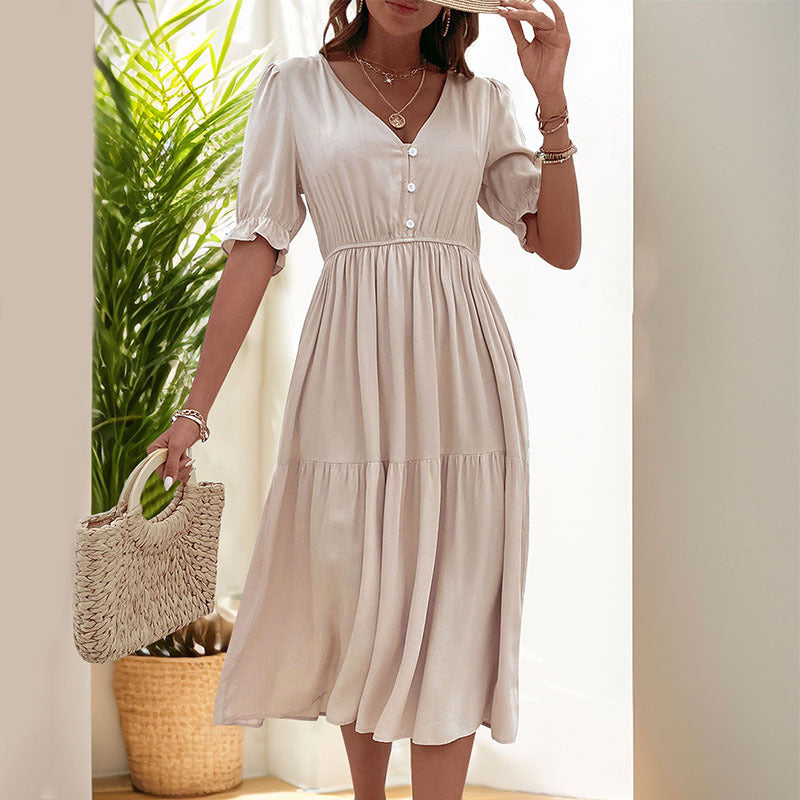 Solid Color V-Neck Waist Dress for Women