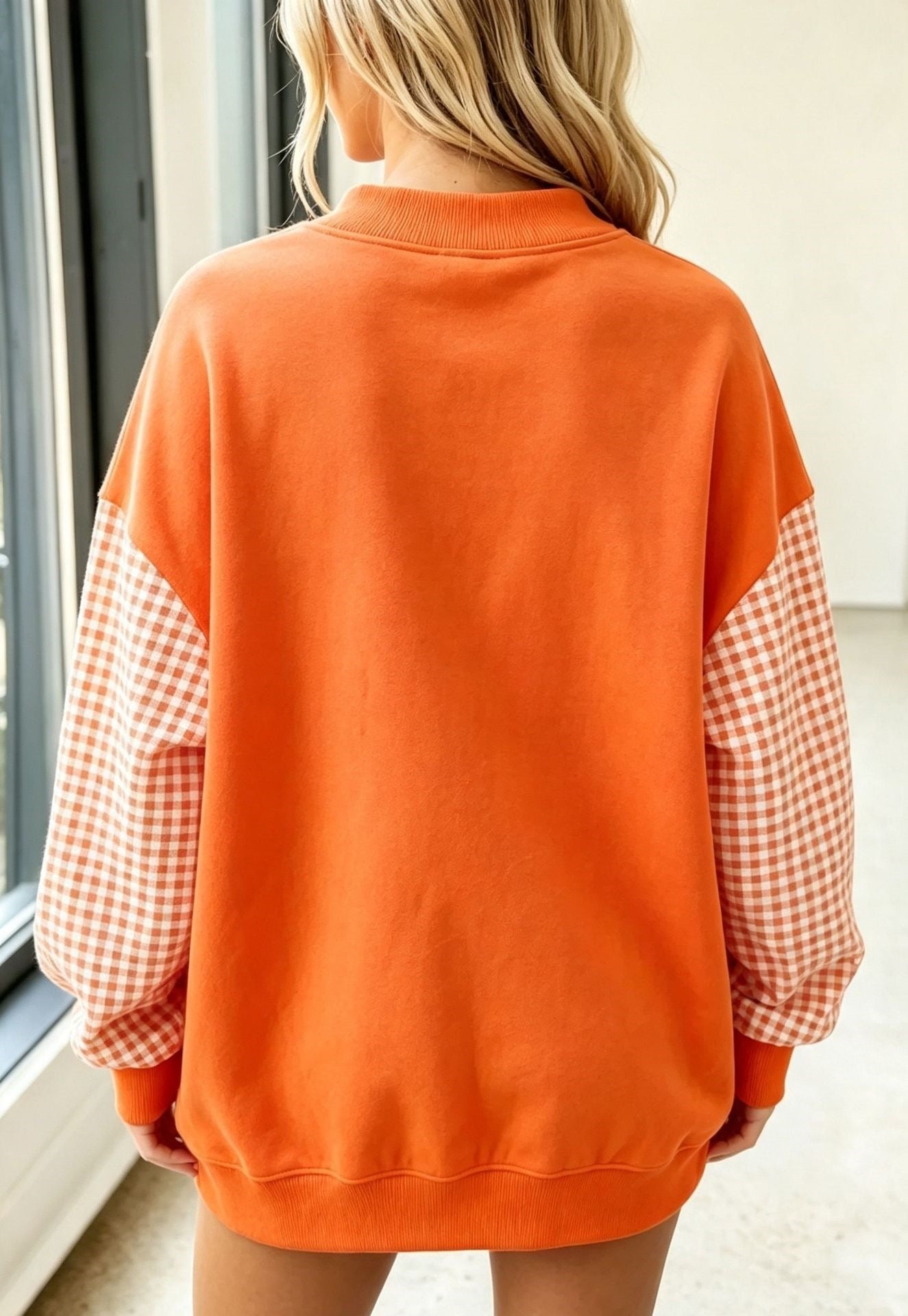 Women's Gingham Sleeve Pullover, Relaxed Fit Mock Neck Top with Ribbed Trim