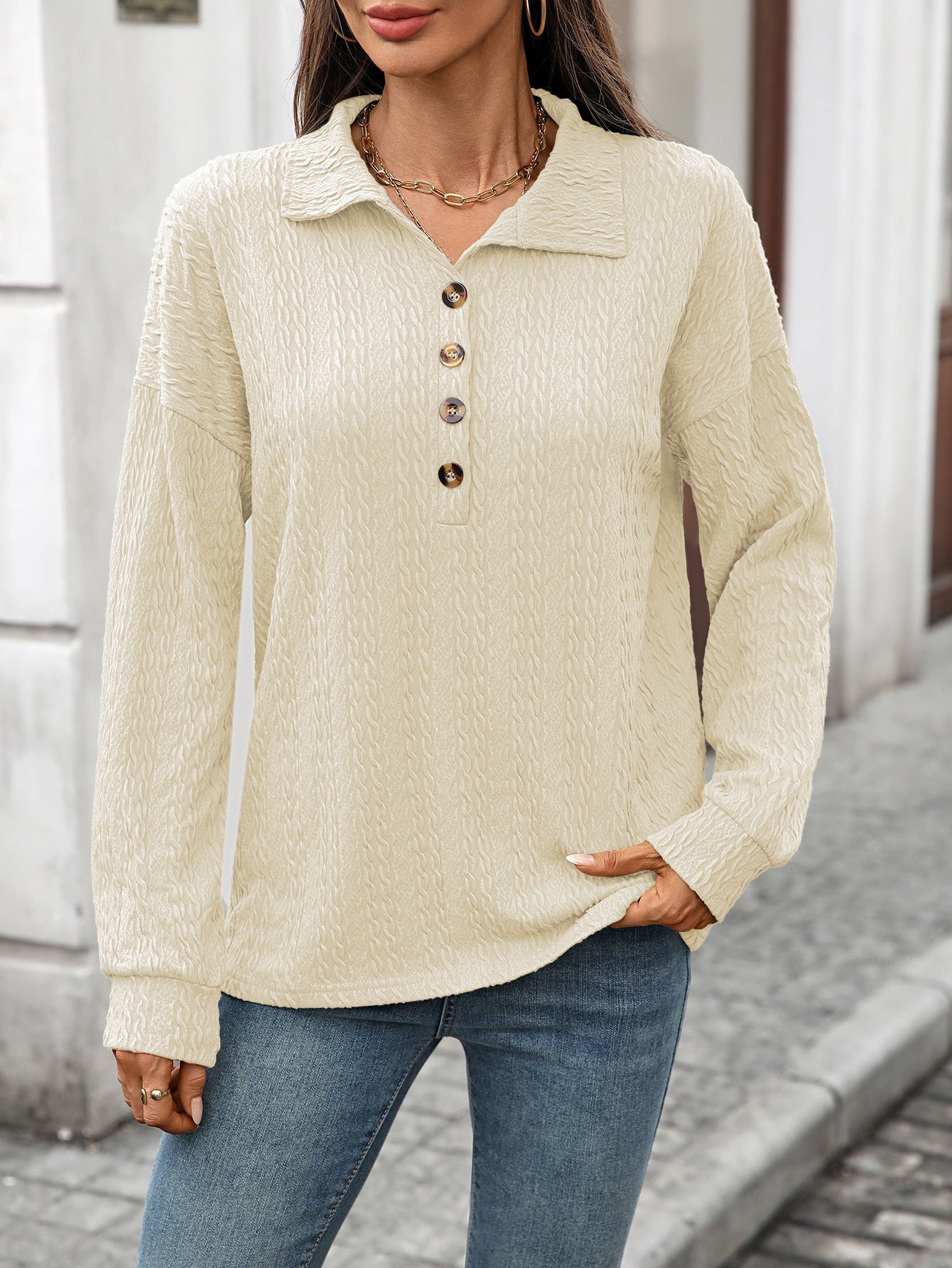 Women's Boutique Textured Button Collar Long Sleeve Knit Top
