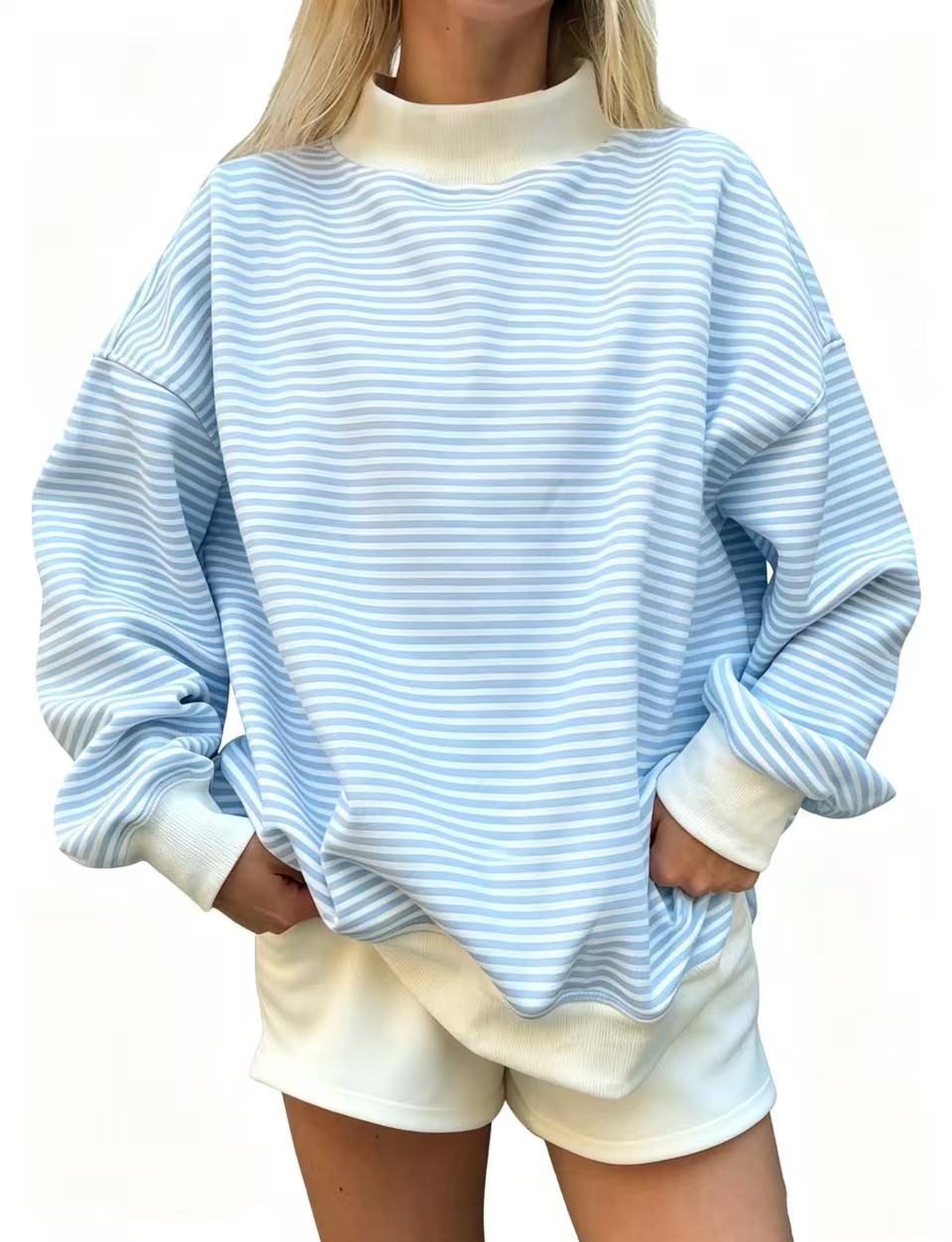 Women’s Striped Mock Neck Sweatshirt – Oversized Long Sleeve Pullover Tops for Women