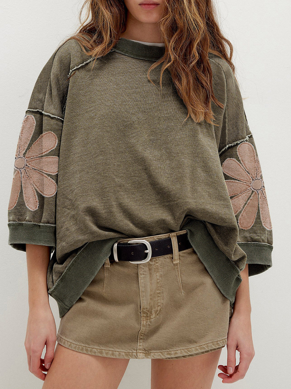 Women's Oversized Floral Sleeve Cotton Blend Sweatshirt