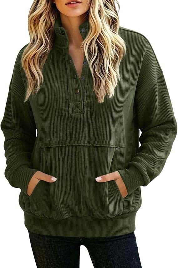 Womens Minimal Olive Ribbed Button Neck Pullover Sweatshirt