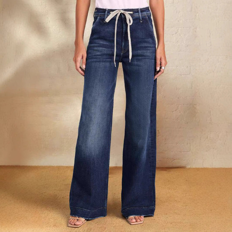 Lace-Up Stretch Wide-Leg Straight Jeans for Women