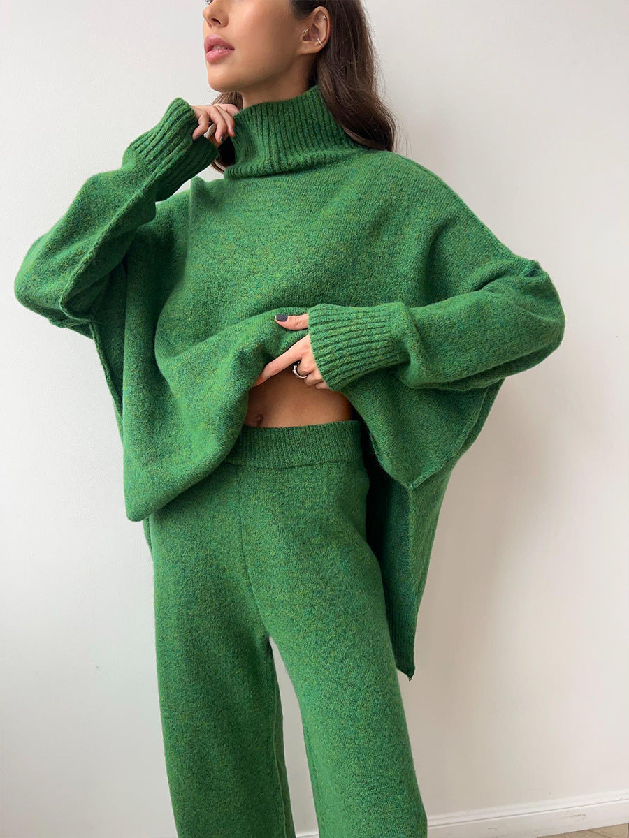 Green Turtleneck Sweater and Wide Leg Pants Knit Set