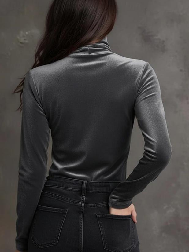 Velvet Turtleneck Long Sleeve Fitted Layering Top for Ladies