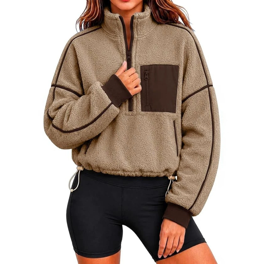 Women's Khaki Half-Zip Sherpa Pullover with Contrast Pocket