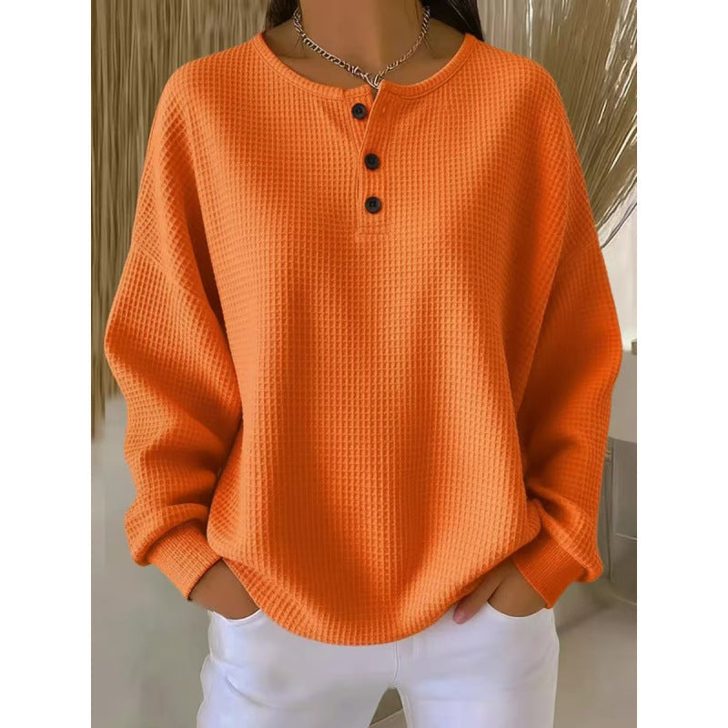 Women’s Waffle Knit Henley Long Sleeve Pullover （S–5XL）
