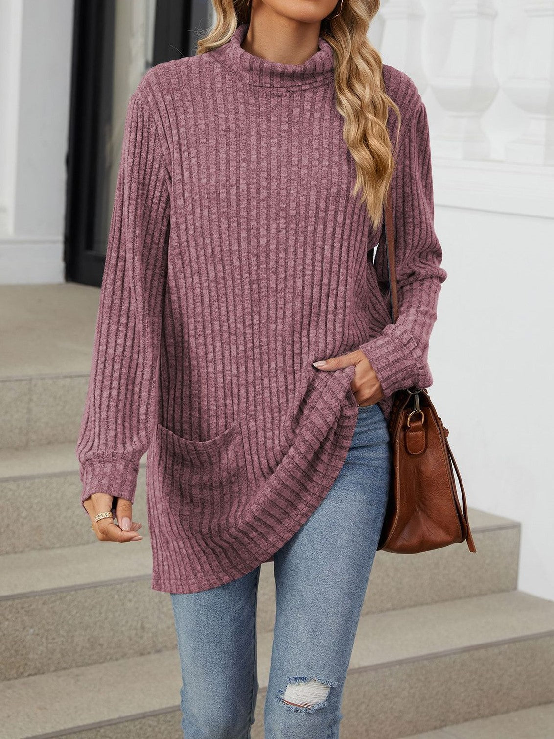 Minimalist Ribbed Mock Neck Pocket Tunic
