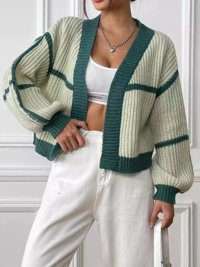 Contrast Edged Open Front Knit Cardigan with Balloon Sleeves