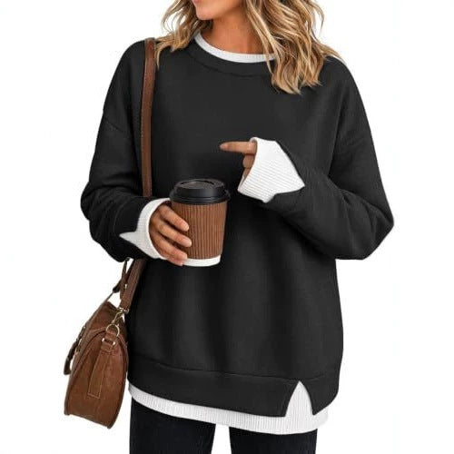 Layered Look Crewneck Sweatshirt with Contrast Soft Rib Trim