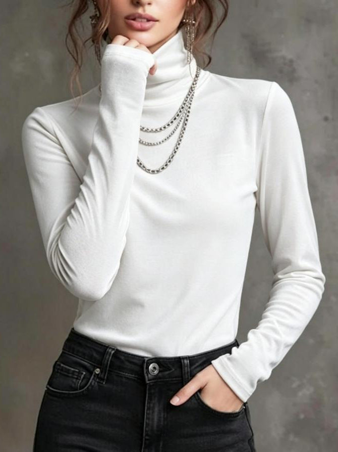 Velvet Turtleneck Long Sleeve Fitted Layering Top for Ladies