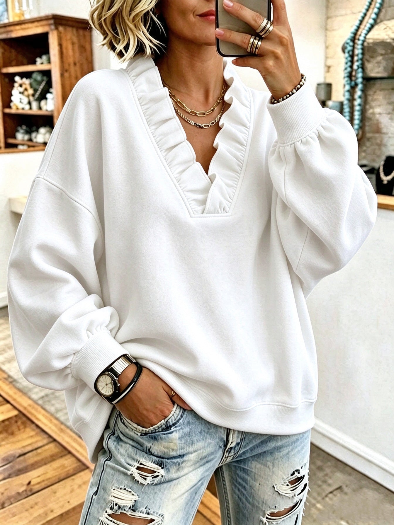 Boutique Ruffle V Neck Relaxed Sweatshirt