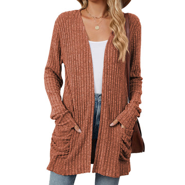 Solid Color Pocket Long-Sleeve Knitted Cardigan