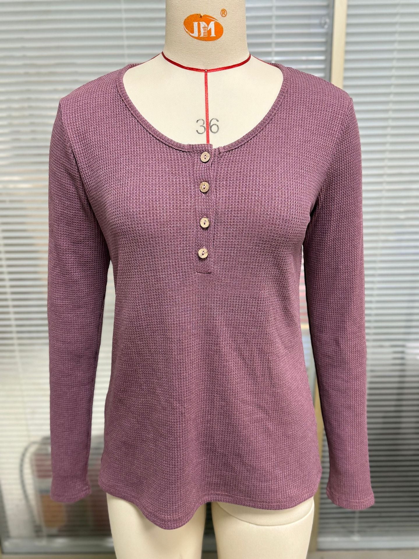 Boutique Waffle Scoop Neck Henley Top