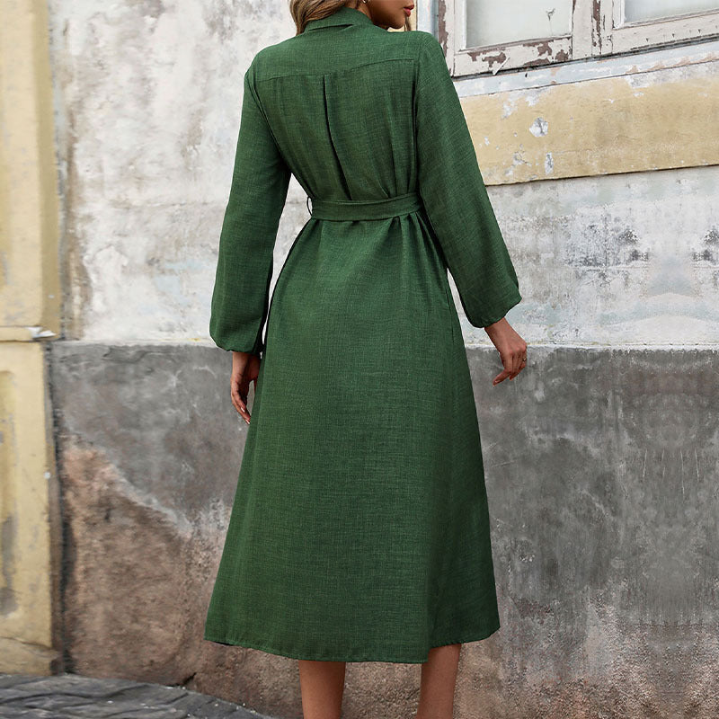 Lapel Long Sleeve Solid Color Green Dress