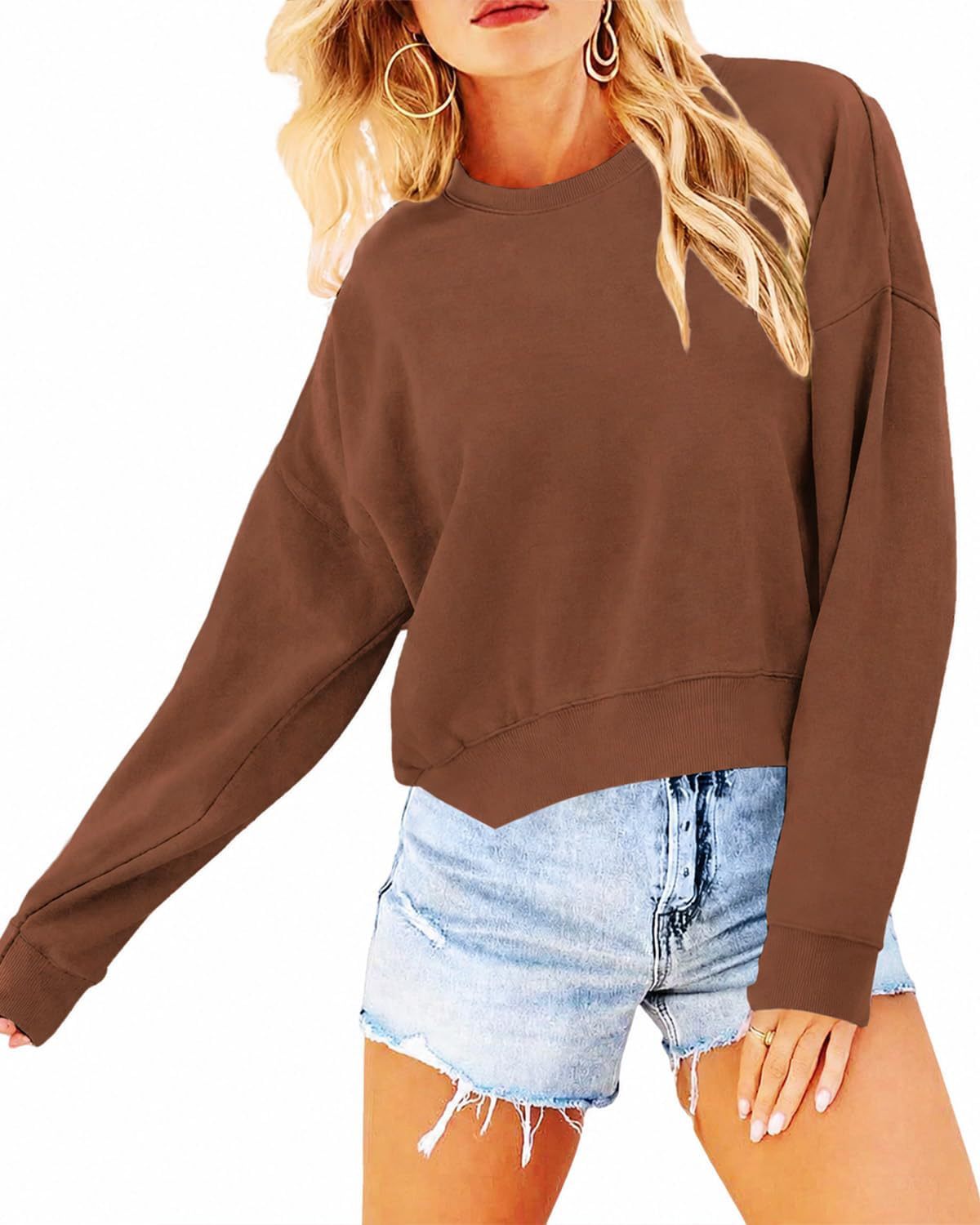 Women's Cropped Crew Neck Sweatshirt, Relaxed Long Sleeve Pullover Top